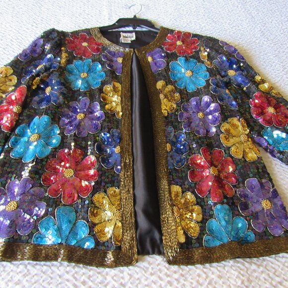 Vintage Evening Sequin Evening Jacket Mod Floral Designer Silk Colorful - Picture 3 of 13